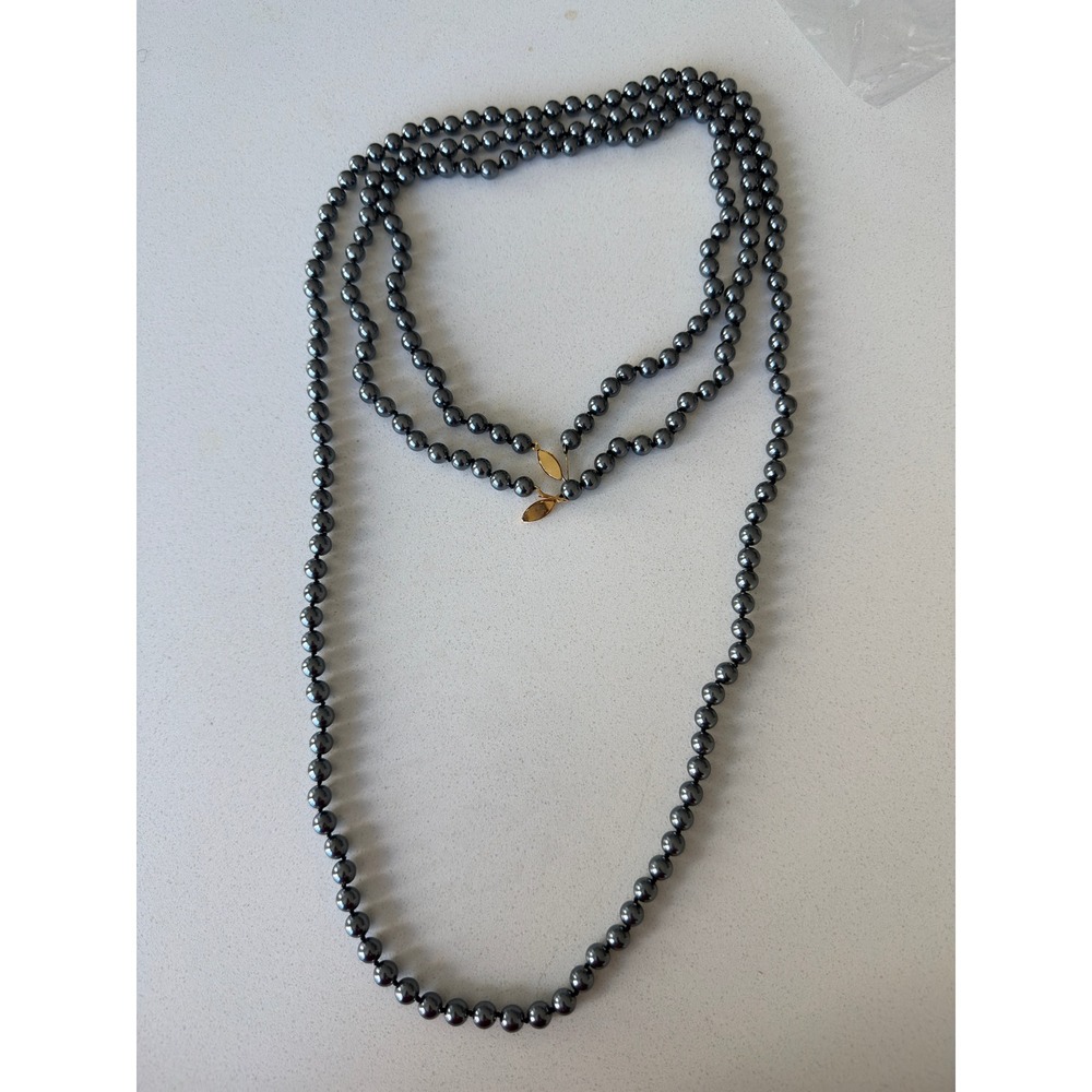 Set of 3 Charcoal Grey Faux Pearl Necklaces Metallic Gunmetal Layering Set clasp